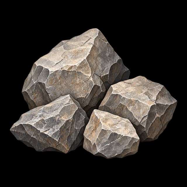 A small pile of four chipped, angular pieces of grey-tan quarry rock with rough faces and sharp edges