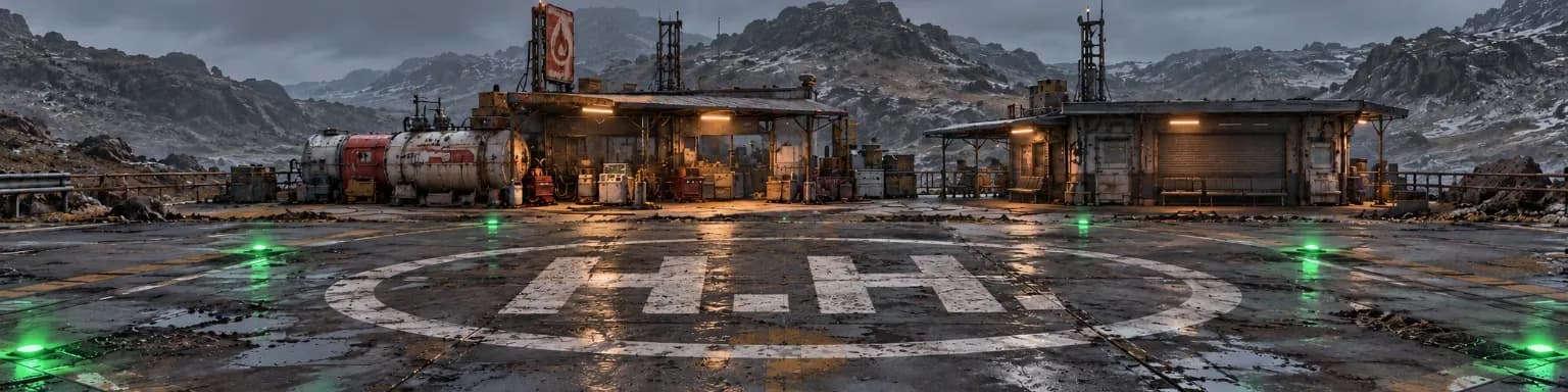 An empty industrial landing pad with a weathered H.H. painted inside a worn white circle, edge lights glowing, two low service sheds and fuel tanks behind it, and cold mountains under a heavy overcast sky